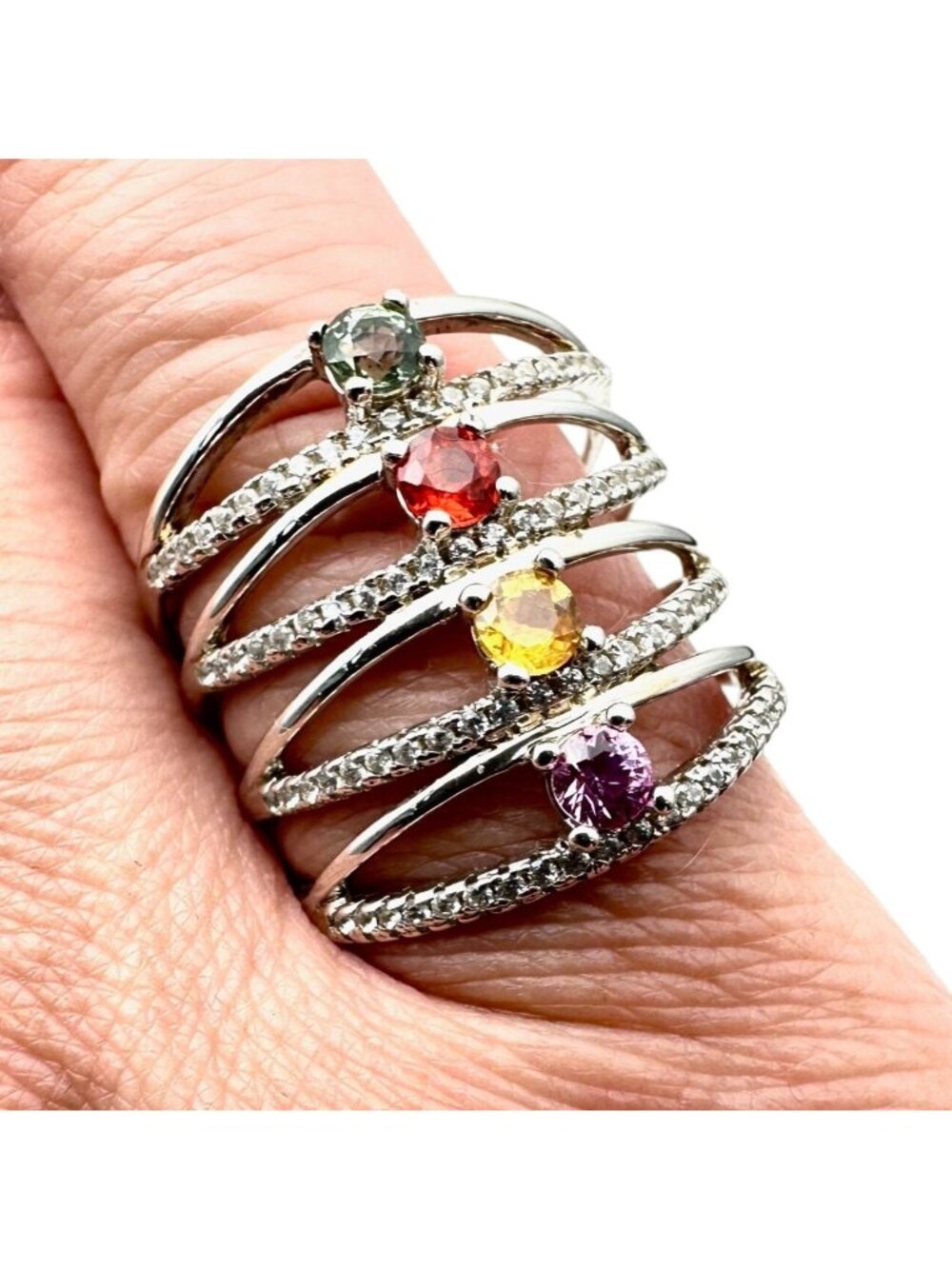 Signed SNJ Womens Ring Sterling Silver Multi Gemstone Size 9